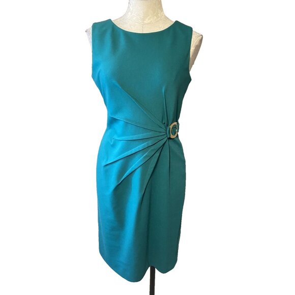 Calvin Klein Dress Jade Green 8 Medium Gold Accessory Stretch Sheath Career - Picture 1 of 6